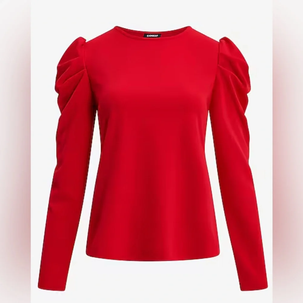 EXPRESS Crew Neck Puff Long Sleeve Tee SMALL Lipstick Red Blouse Top - Picture 4 of 13